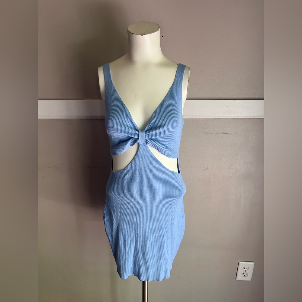 debut Light Blue Ribbed Knit Mini Dress with Front Detail